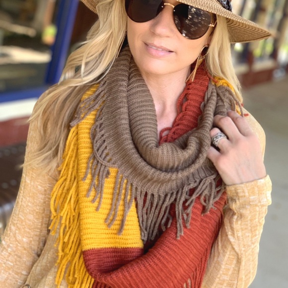 Yellow, rust, brown infinity fringe scarf - Picture 6 of 7